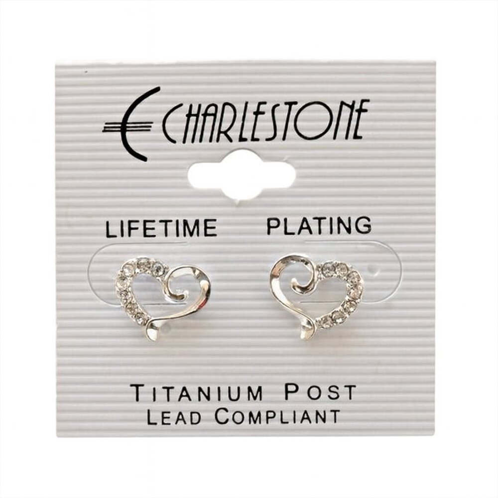 NEW Rhinestone Heart Earrings Silver Tone Lead Free